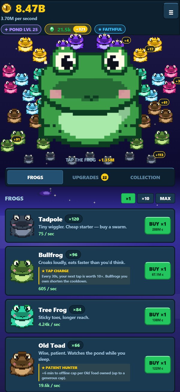 The Cosmic Pond biome: golden, poison dart and cosmic frogs around the hero under a starry purple sky, earning 3.70M per second