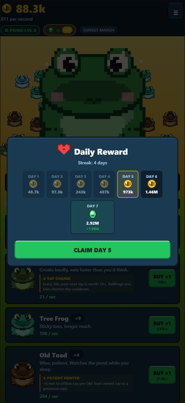 The Daily Reward calendar on day 5 of a streak, with a Tadpole Egg waiting on day 7